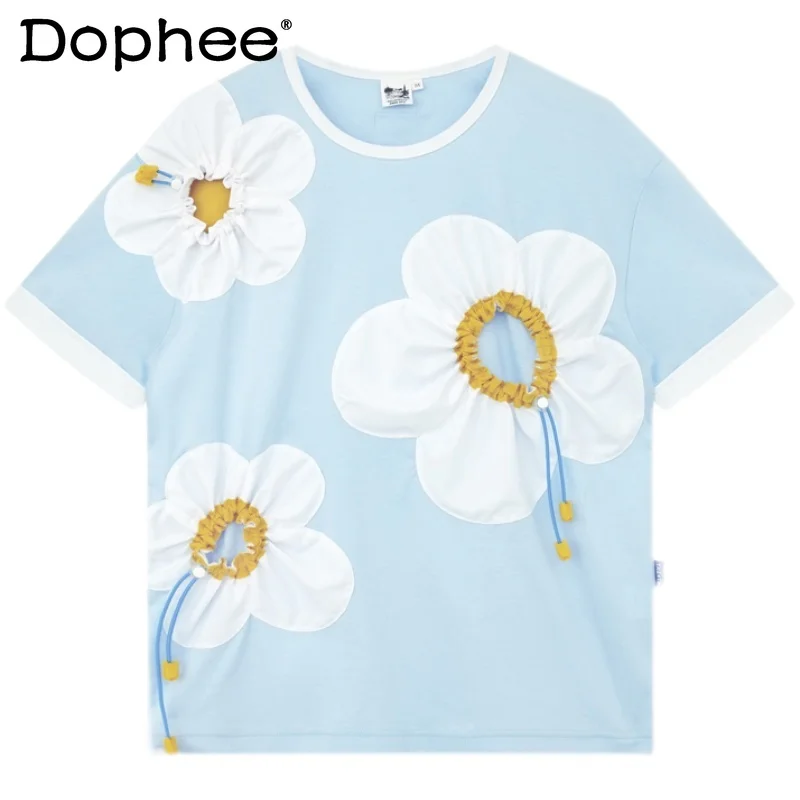 

Men's 2025 Summer Tees Flower Three-dimensional Drawstring Pleated Decorative Tops Trendy Short-sleeve Round Neck Loose T-shirts