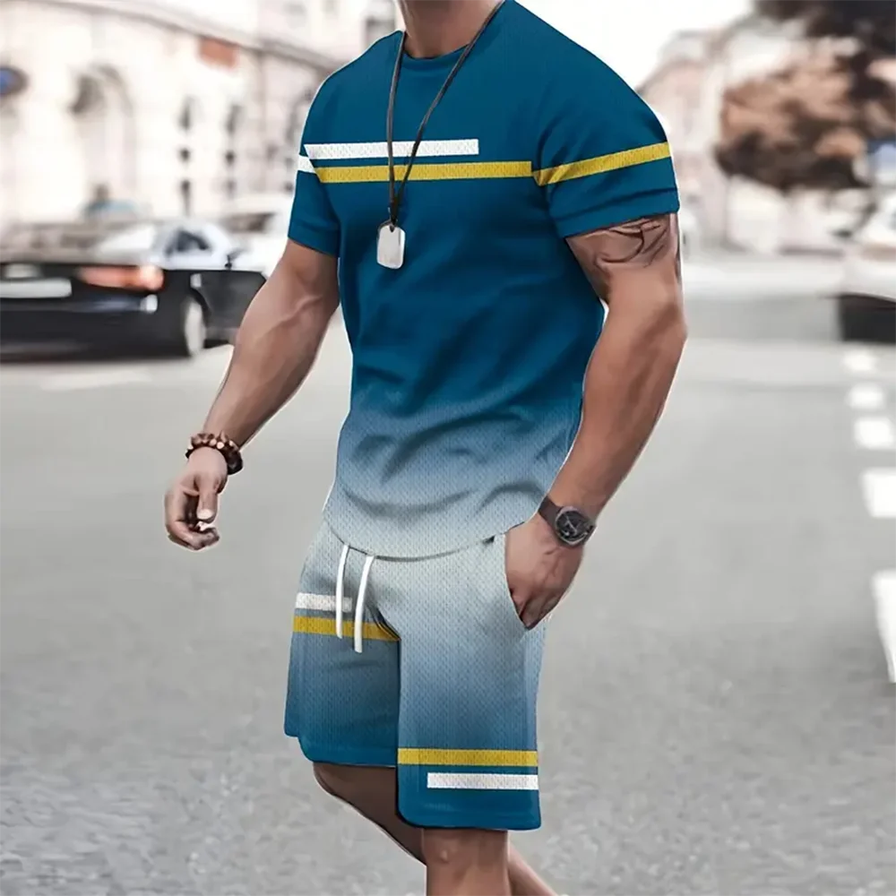 New Men\'s 3d Printed Round Neck Short Sleeve & Shorts Sports Suit Fashion Casual T-Shirt Drawstring Shorts Two Piece Sets Summer