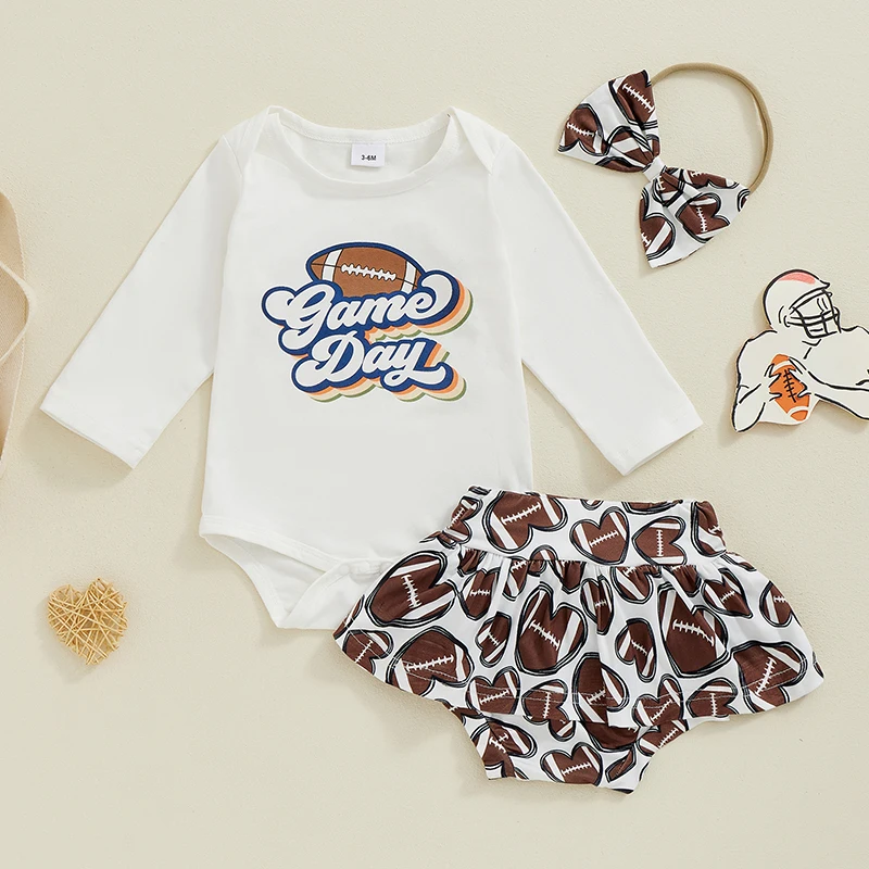 2024-07-27 Lioraitiin Baby Girl Fall Clothes Sets Letter Football Long Sleeve Round Neck Romper A-Line Skirt Headband Outfits