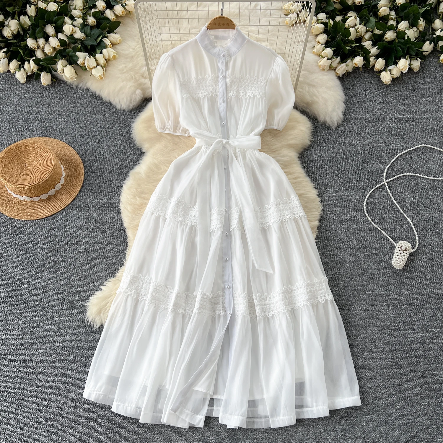 French Vintage Lace PATCHWORK Single Breasted Puff Sleeves Dress korean fashion Casual Women Fashion summer dresses