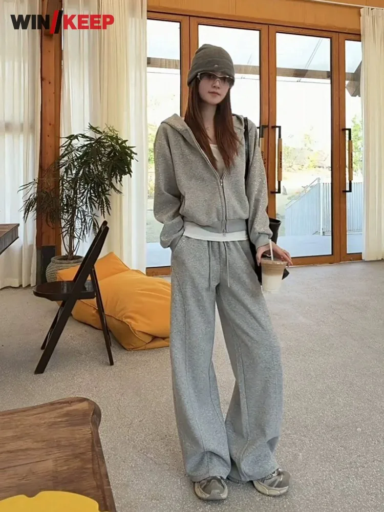New Women Spring Autumn Warm Sports Suits Diamonds Hooded Zip Jacket Mid High Waist Pants Running Tracksuit Female Two Piece Set
