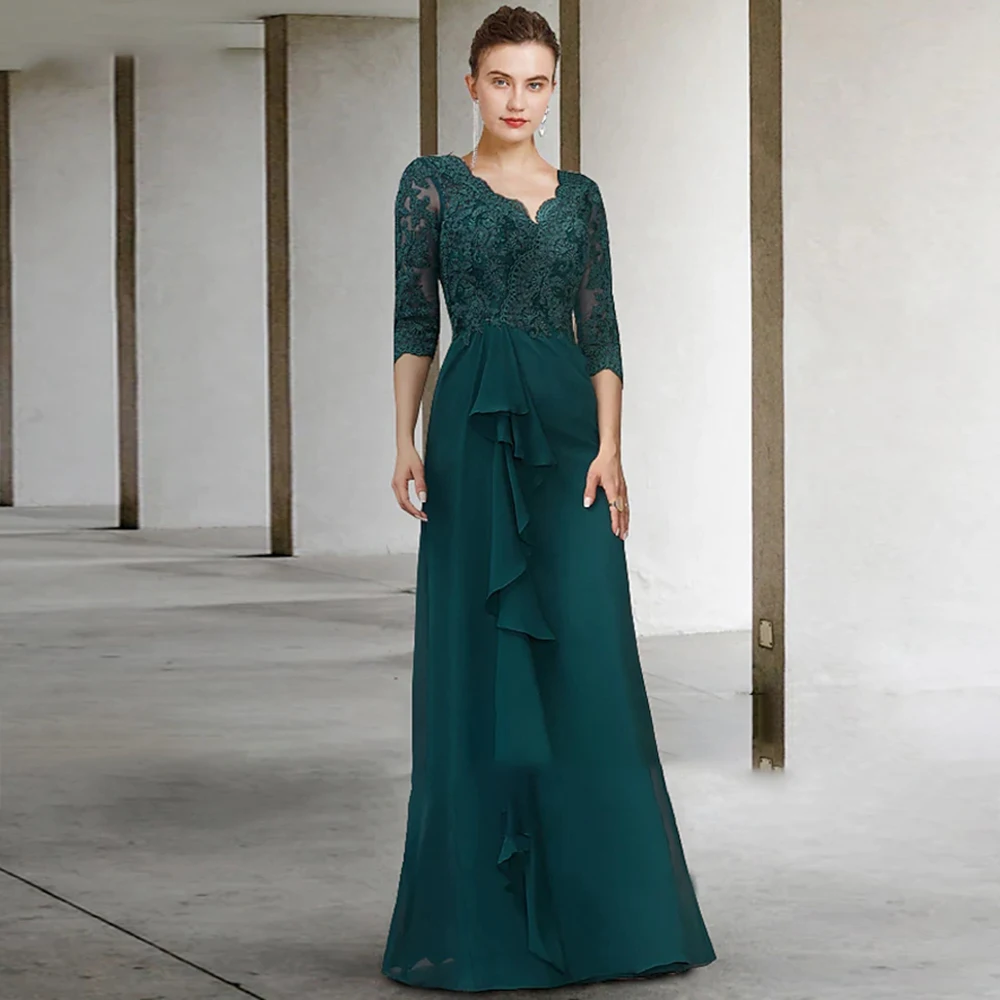 

Green A Line Chiffon Wedding Guest Dress Lace Appliques Half Sleeves Vestidos Novia 2022 Simple Mother Of The Bride Dresses