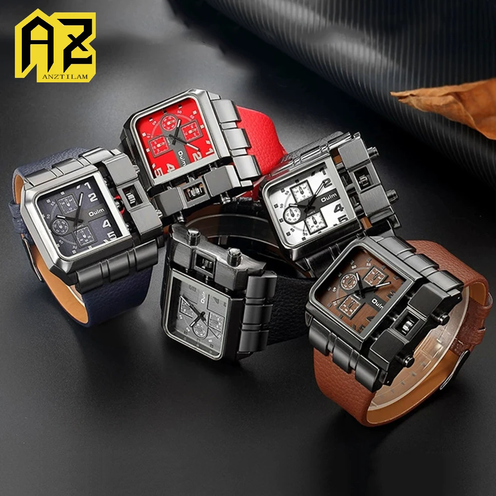 

Luxury Square Quartz Men Watches Sport Watches Two Time Zone Wristwatch Decorative Compass Male Fashion Watches Free Shipping