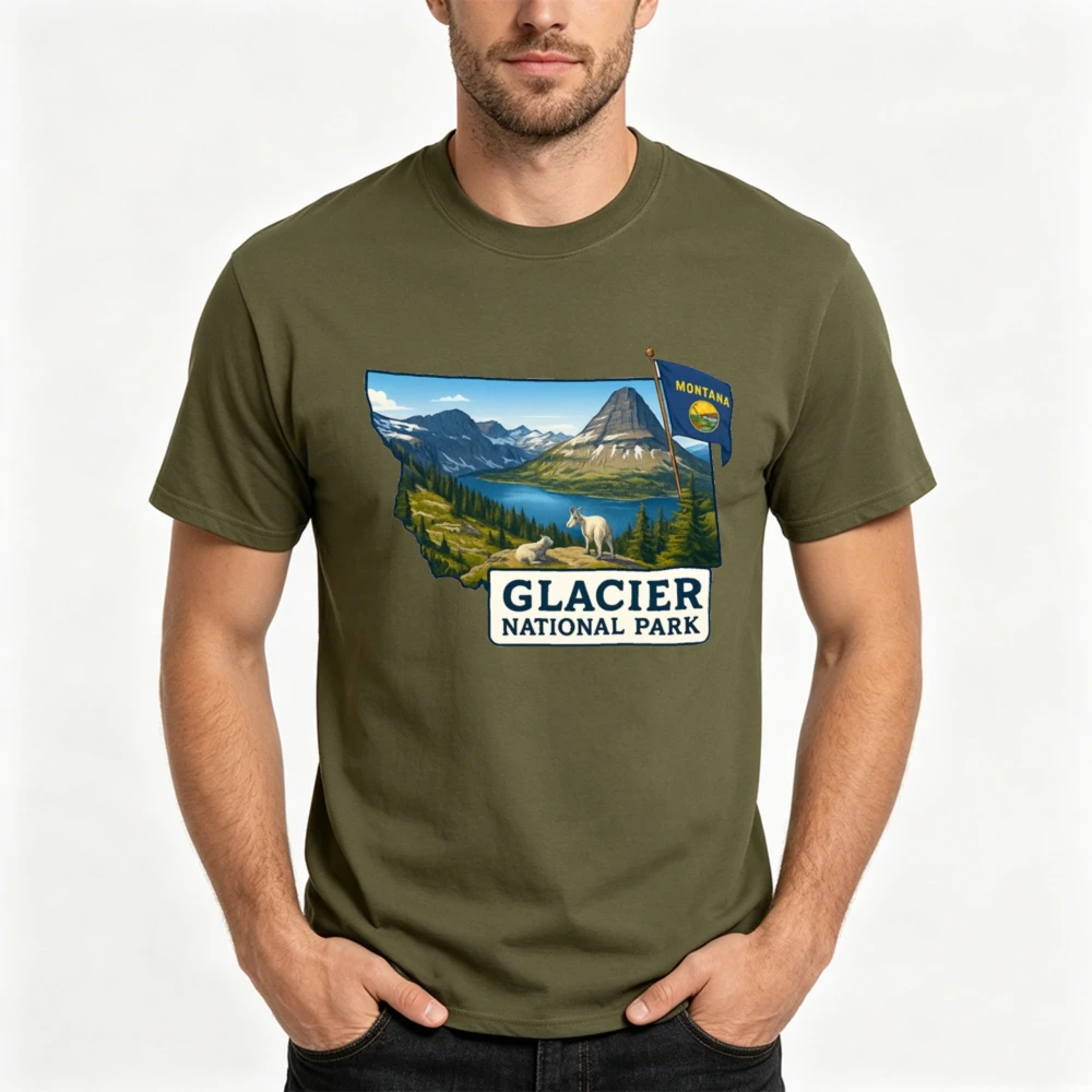 Glacier National Park Men T-Shirt Summer Outdoor Casual  Nature Lover Hiking Adventure Traveler Mountain Landscape Design