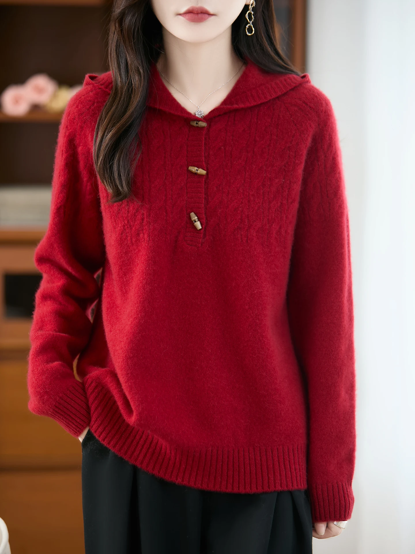 

New Autumn Winter Women's Sweater 100% Merino Wool Knitted Pullover Loose Hoodies Long Sleeve Clothing Tops Hooded Female Blouse