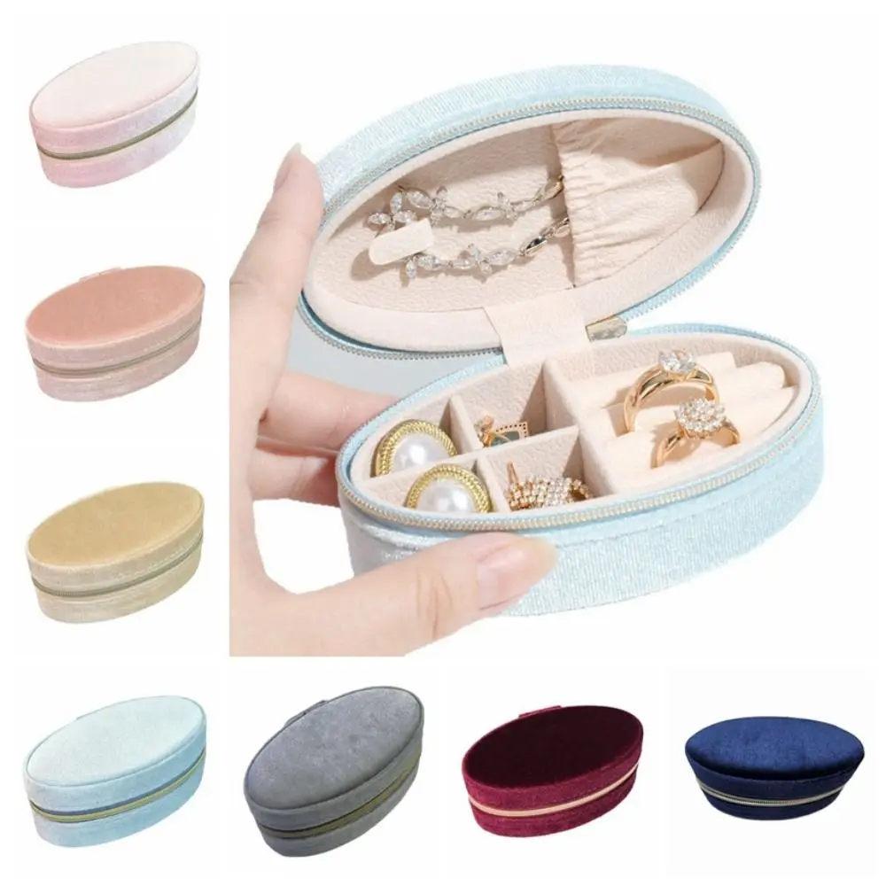 Portable Oval Velvet Jewelry Box Oval Shape Divided Compartments Velvet Jewelry Display Box with Lid Lightweight