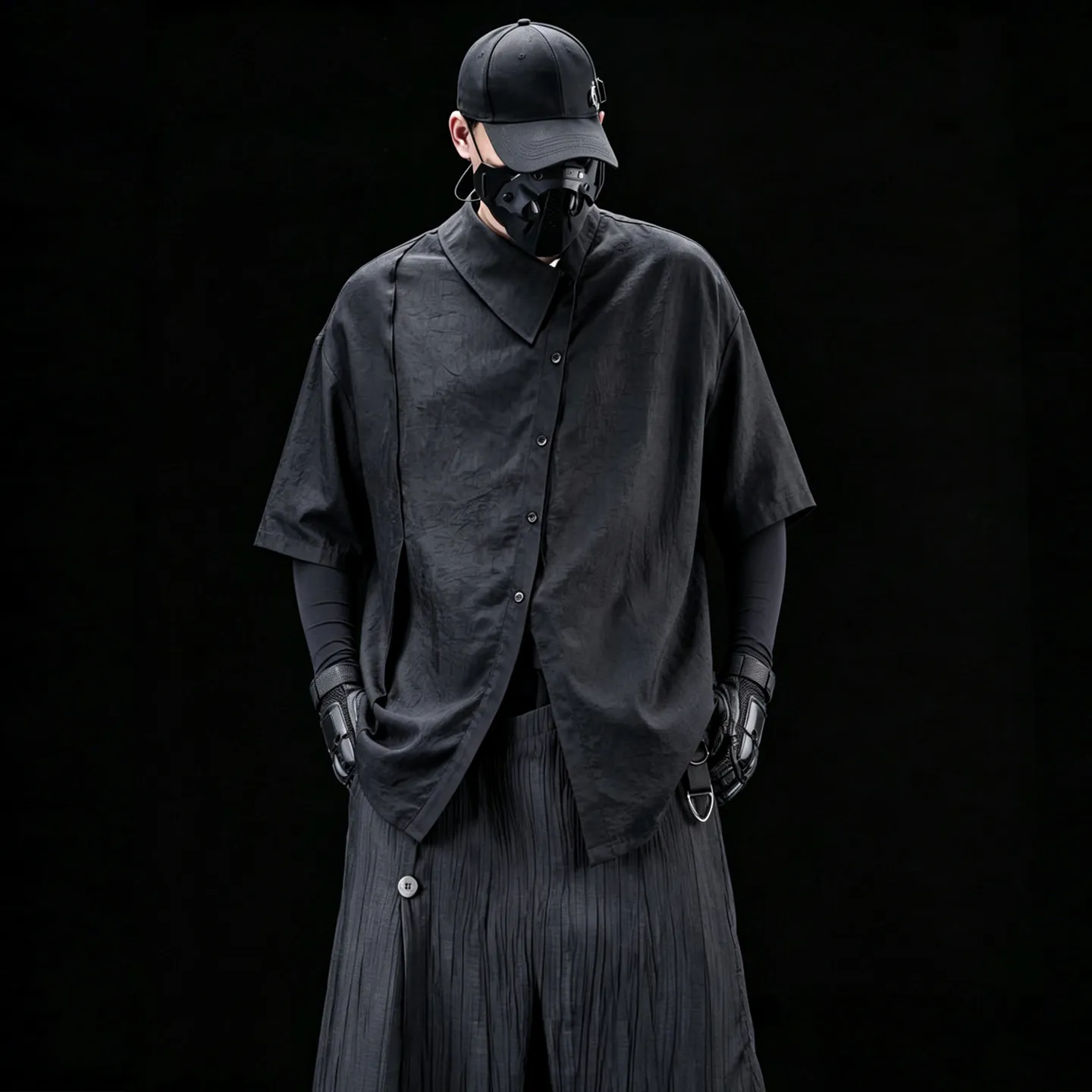 Designer's Dark Asymmetric Design 100% Acetate Shirt Men's Summer Half Sleeves Loose Mid-Length Drape Shirt