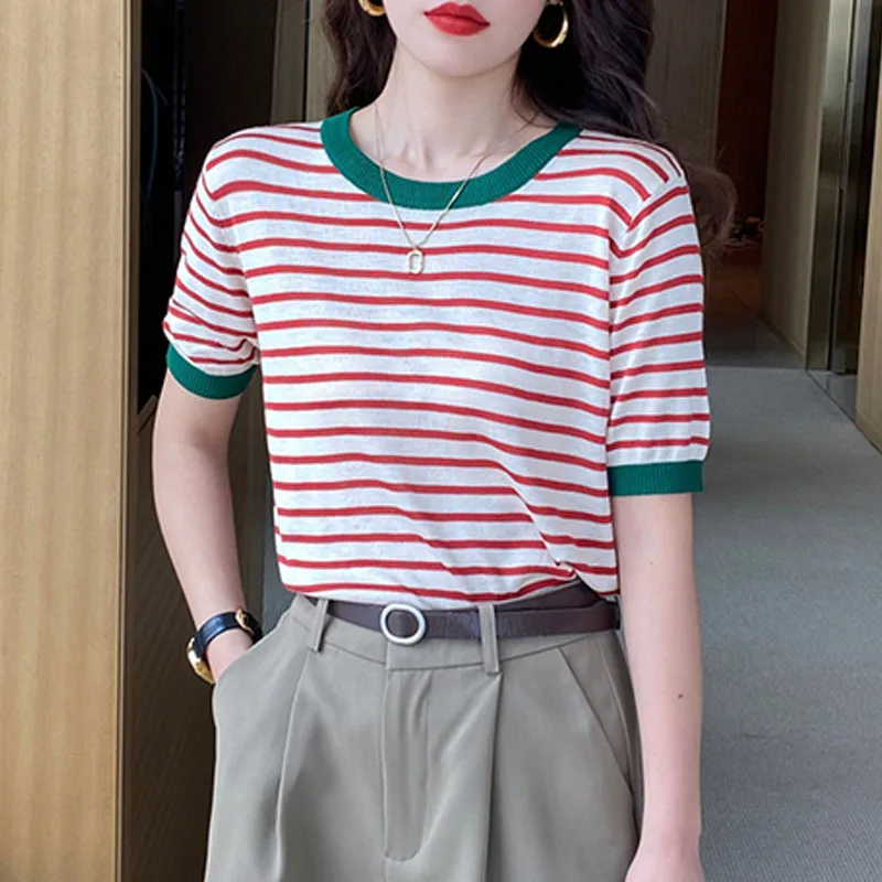 

Sweaters Knitted Sweater Women Pullovers New Short Sleeve O-Neck Striped Knit Sweater Pullover Women Tops Sueter Feminino Q3409