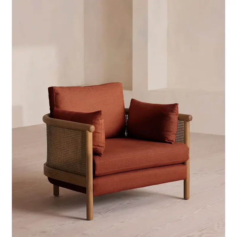Rattan Armchair Solid Oak Frame Washed Linen Upholstery Removable Cushions Wrap Around Lounge Chair Living Room Furniture