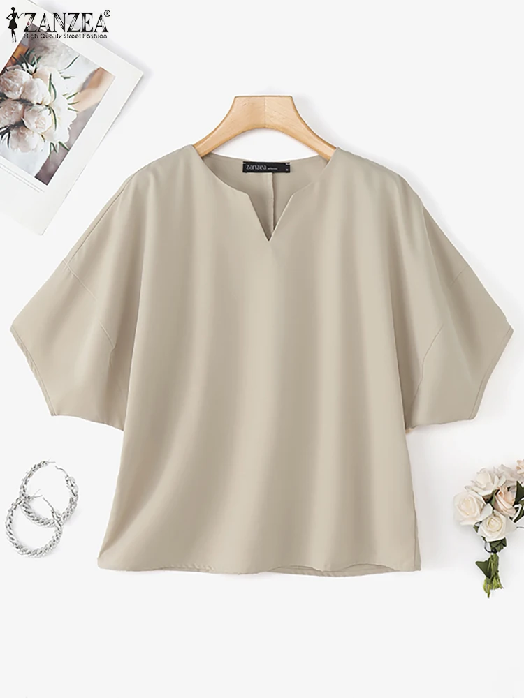 

ZANZEA Летняя стильная блузка с пышными рукавами Женская офисная рубашка Элегантная однотонная туника с v-образным вырезом Топы Повседневные праздничные Blusas Mujer Femme