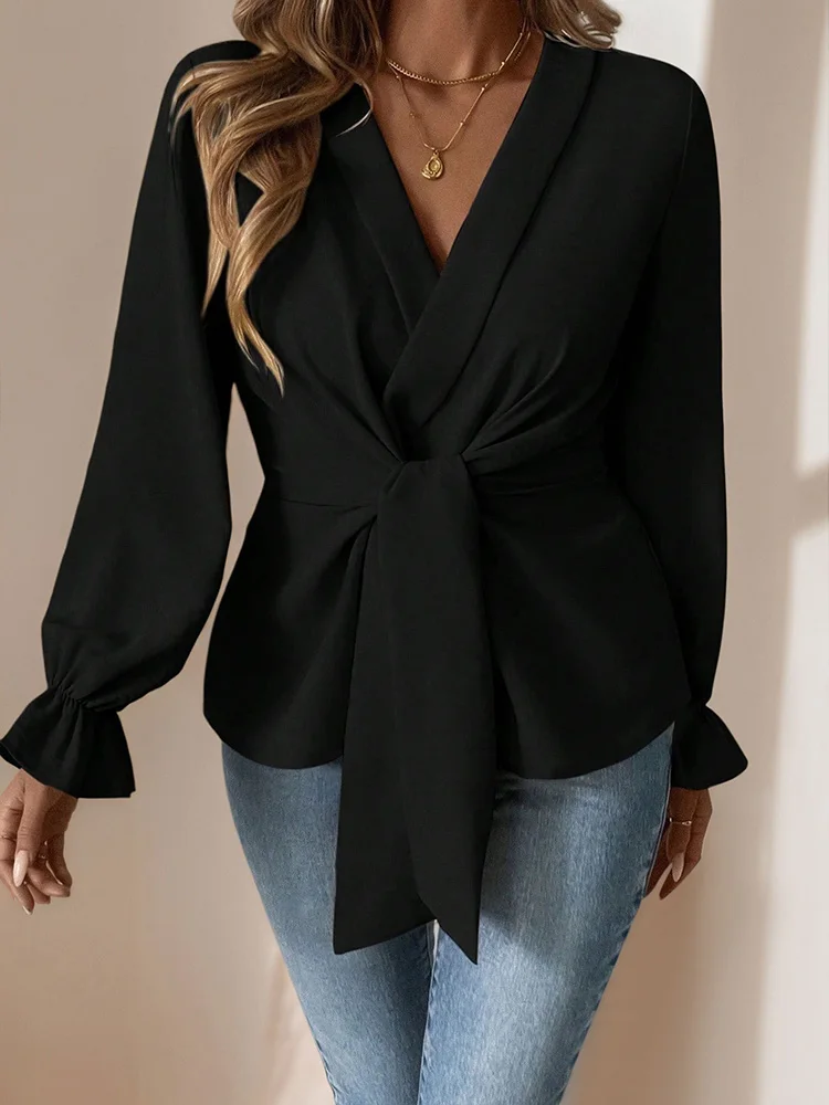 GIBSIE حجم كبير التعادل الأسود الجبهة الخامس الرقبة طويلة الأكمام قميص المرأة 2025 الخريف موضة مكتب السيدات أنيقة للمرأة