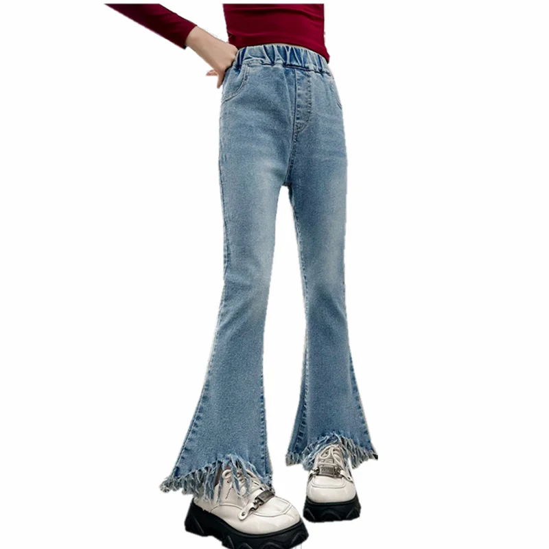 Child Cool Boot Cut Jeans with Tassel Design Denim Flared Pants for 6 8 10 11 12 13 14 Year Teen Girl Streetwear Slim Trousers