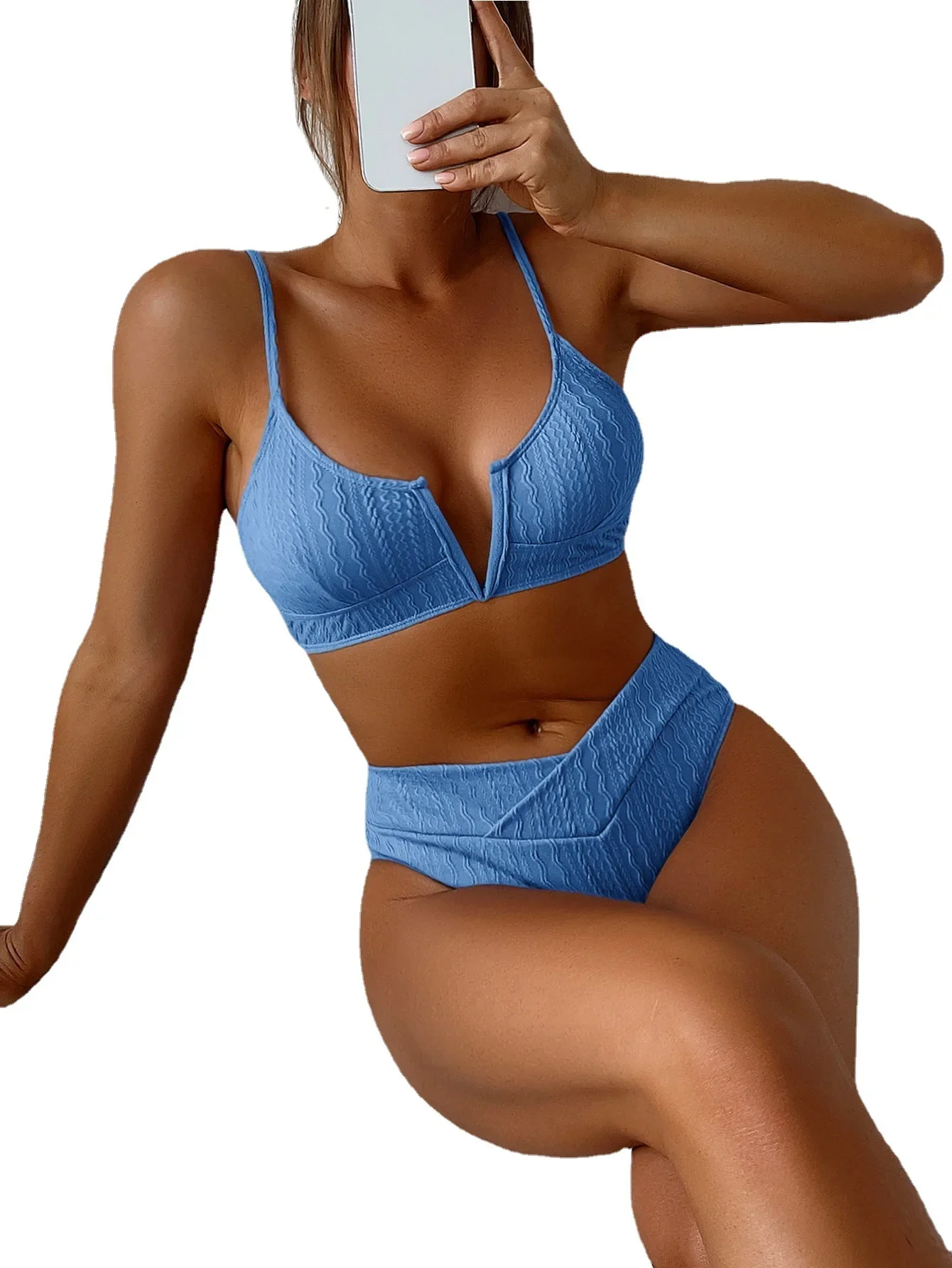 Sexy High Waist Bikinis Swimwear Women Deep V Neck Solid Swimsuit 2023 Female Ribbed Push Up Beachwear Bathing Set Beach Wear