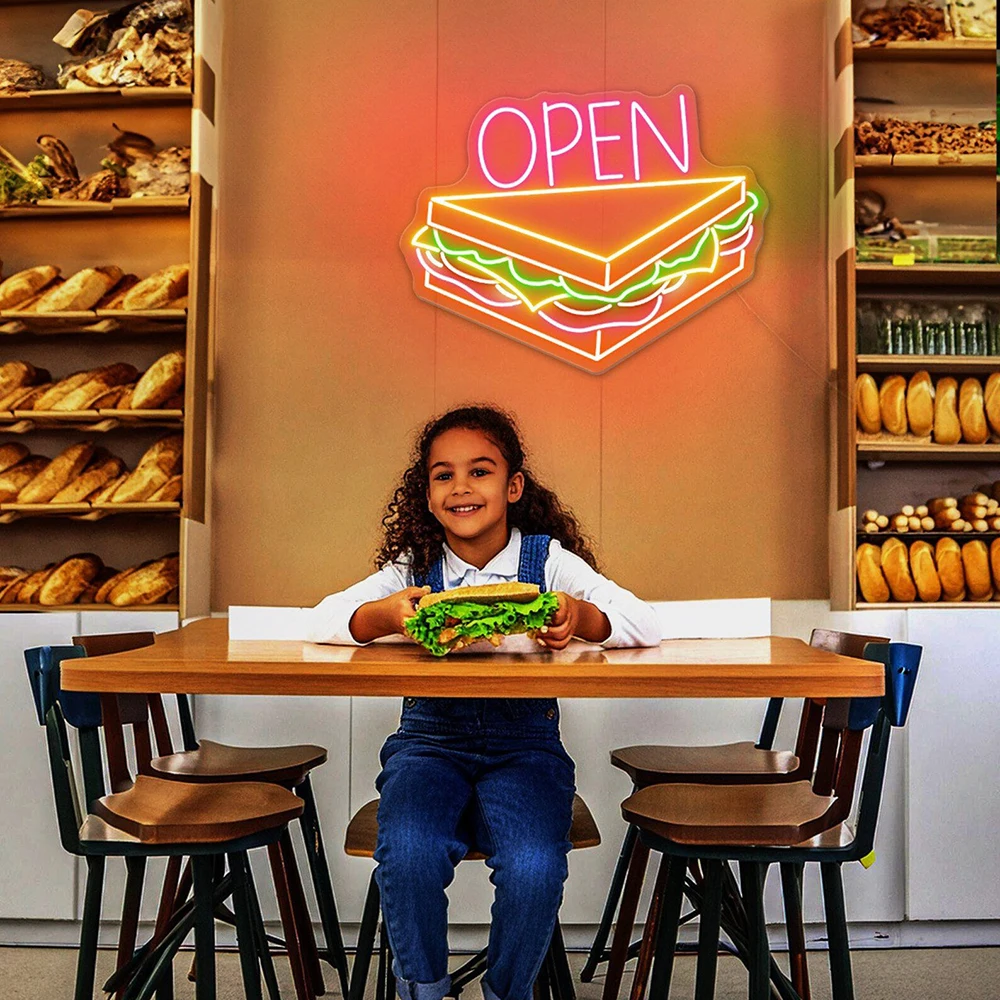 Letrero de neón abierto de sándwich para restaurante, decoración de arte de pared de comida rápida, letrero de luz Led, regalo de apertura personalizado