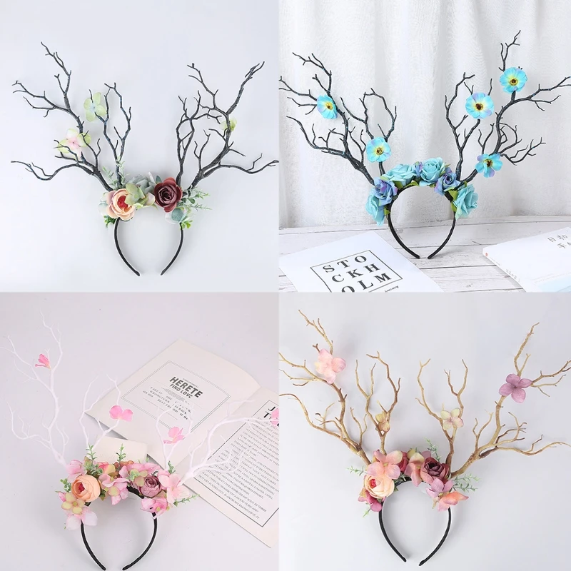 Flower Deer Antlers Headband Elk Horn Headwear Floral Headpiece Christmas Photo Props Accessories Party Decorations