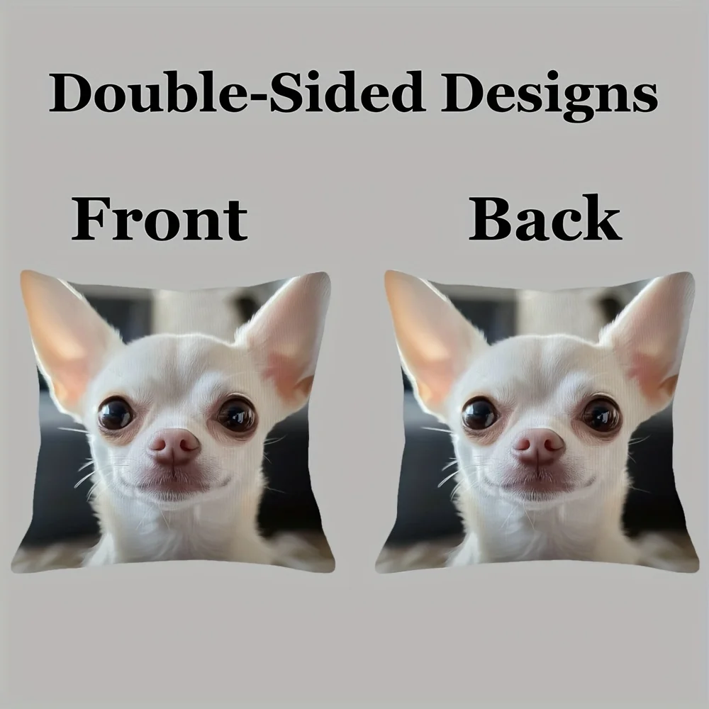 Cute White Chihuahua Double-Sided Pillowcase, Dog Portrait Illustration Cushion Cover with Zipper, Washable Decor Case