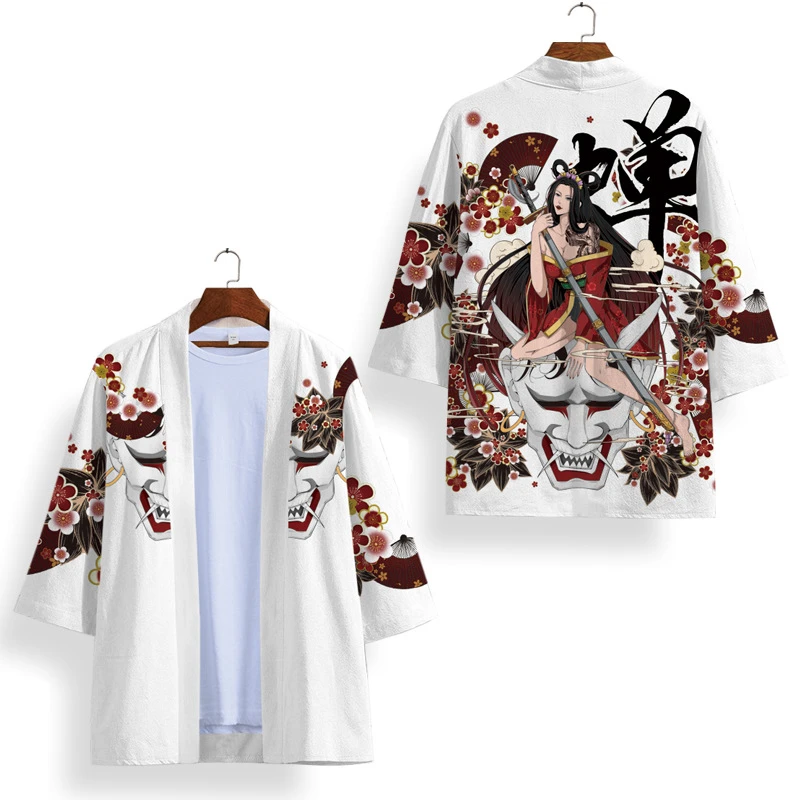 

Fashion Haori White Demon Print Kimono Men Harajuku Japanese Yukata Streetwear Cardigan And Shorts Set Cosplay Shirt