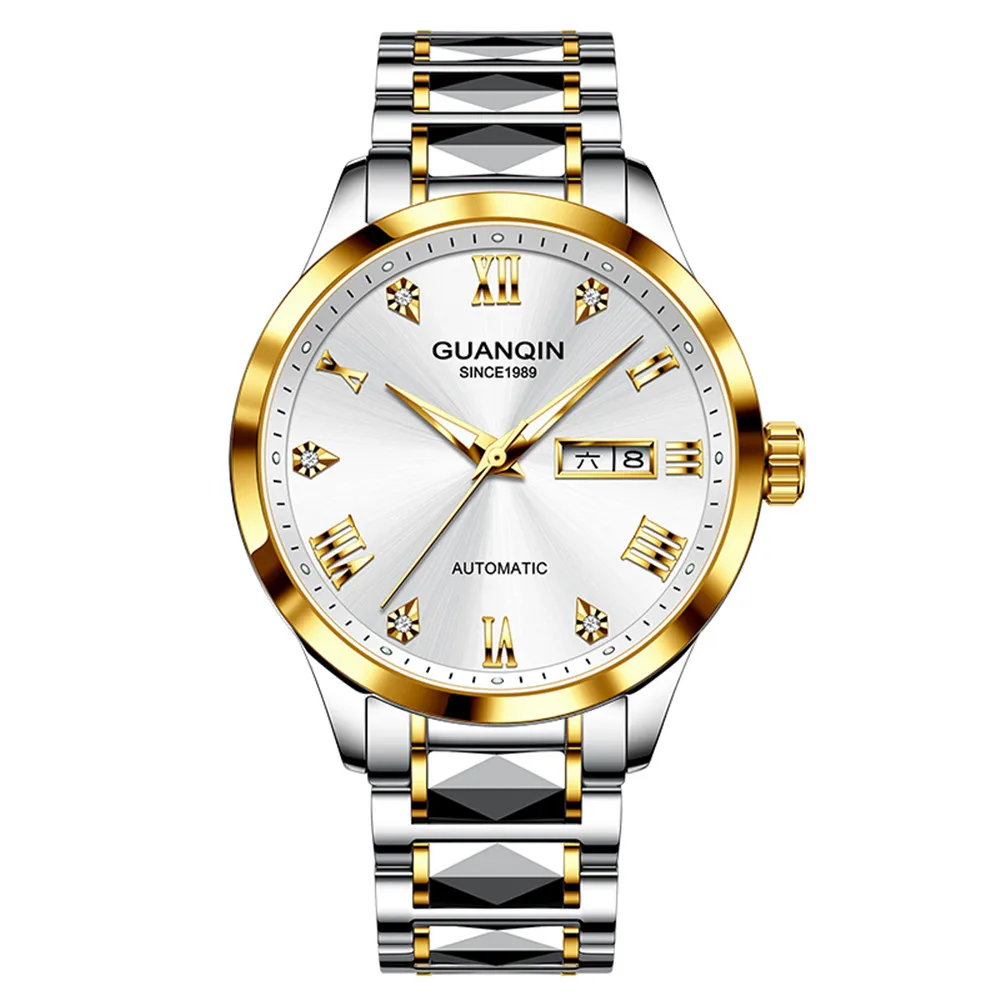 GUANQIN Tungsten Steel Automatic Mechanical Men Couple Wrist Watch Waterproof Sapphire Crystal Week Calendar Japanese Movement