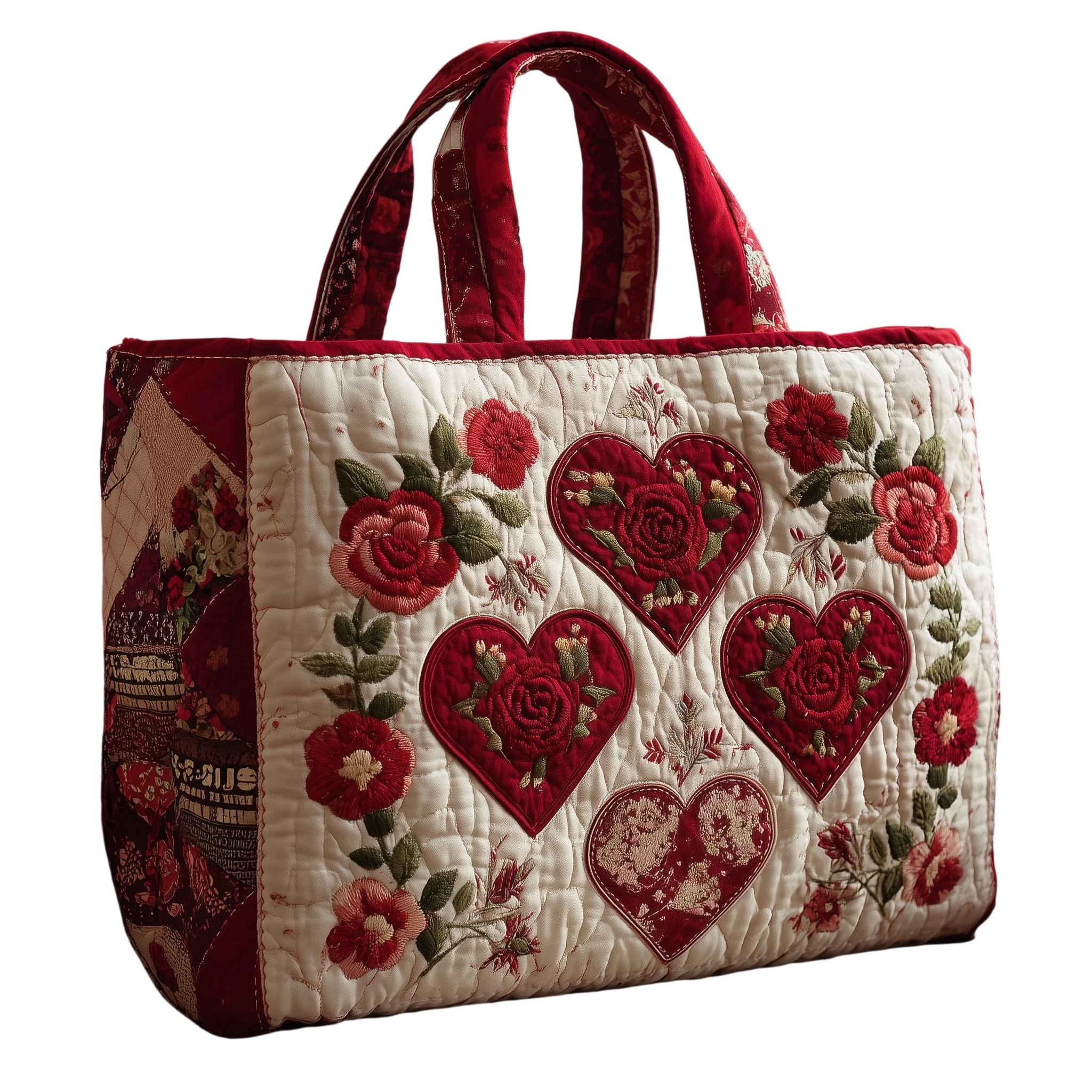 Romantic Red Rose Heart Quilted Tote Bag Vintage Patchwork Handbag for Women Gift Daily Use Party