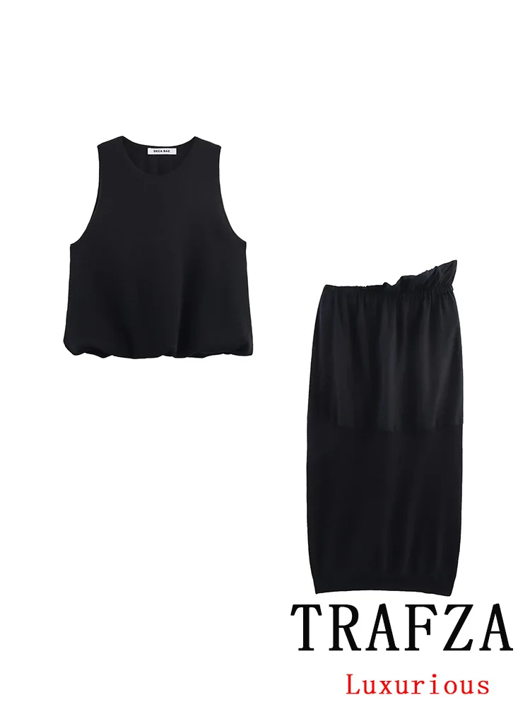 

TRAFZA Vintage Casual Chic Black Solid Women Suit O-Neck Sleeveless Top Loose Long Straight Skirt New Fashion 2025 Holiday Set