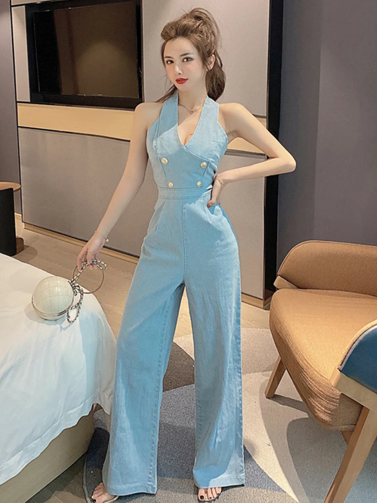 Mode Sommer Einem Stück Overalls Für Frauen Denim Casual Sexy Halter-Backless Party Weibliche Mujer Breite Bein Lose Strampler Straße