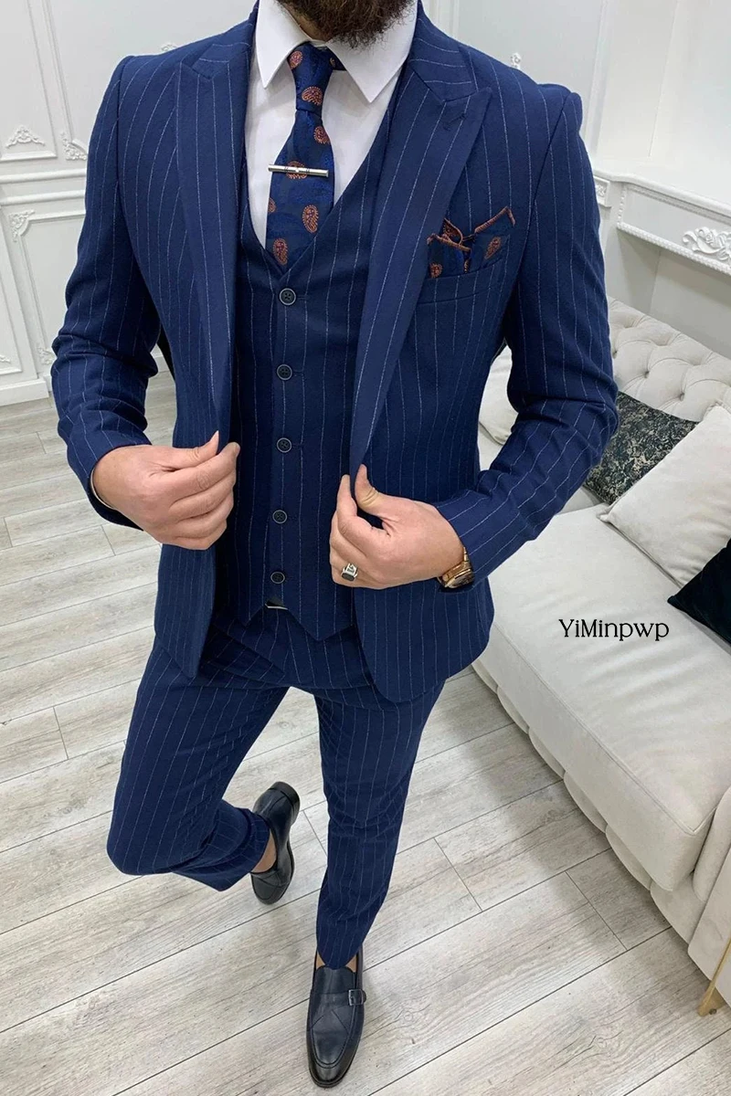 Conjunto de trajes exquisitos para hombre, trajes de esmoquin de doble botonadura a rayas para hombre, traje de hombre de negocios, chaqueta, chaleco y pantalones, 3 piezas