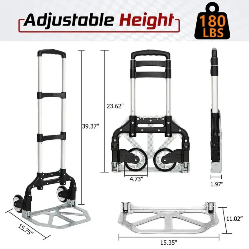 Hand Truck Aluminum Portable Folding Hand Cart 180lbs Capacity Hand Cart and Dolly Ideal for Home, Auto, Office,Travel Use,Black