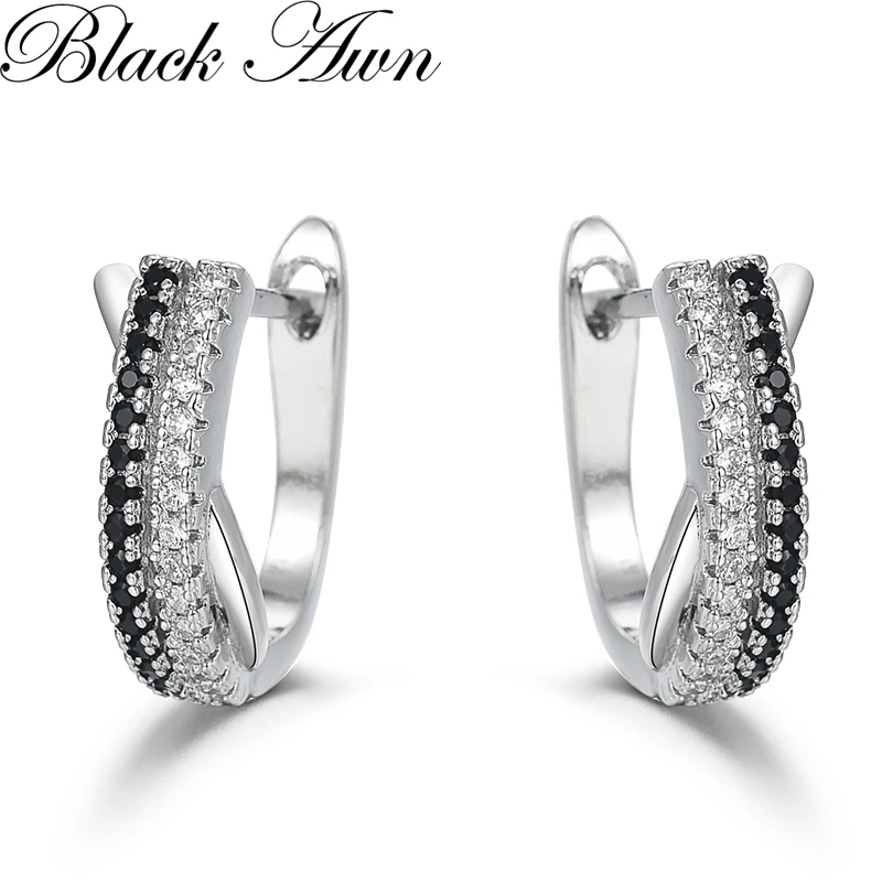 

Black Awn 2025 New Hoop Earrings for Women Classic Silver Color Trendy Spinel Engagement Jewelry I335
