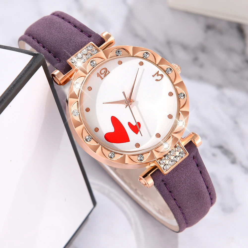 5 PCS Quartz Watch Set Purple PU Imitation Leather Strap Watch Heart Fashion Versatile Alloy Accessory Set