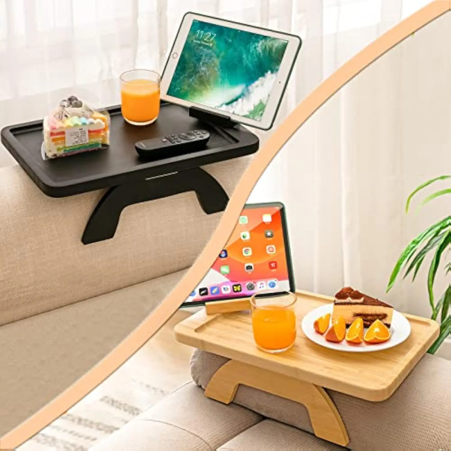 

Bamboo Sofa Tray Table Clip on Side Table for Wide Couches Arm, Foldable Couch Tray with 360 ° Rotating Phone Holder, Armrest Ta