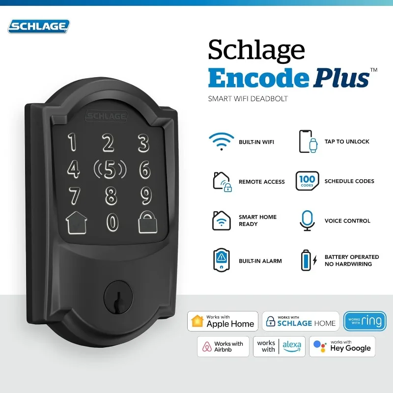 Imagem -02 - Schlage-deadbolt Bloqueio Inteligente Entrada sem Chave Touchscreen Fechadura da Porta Camelot Guarnição Preto Fosco Wi-fi Be499wb Cam 622 Codificar Plus