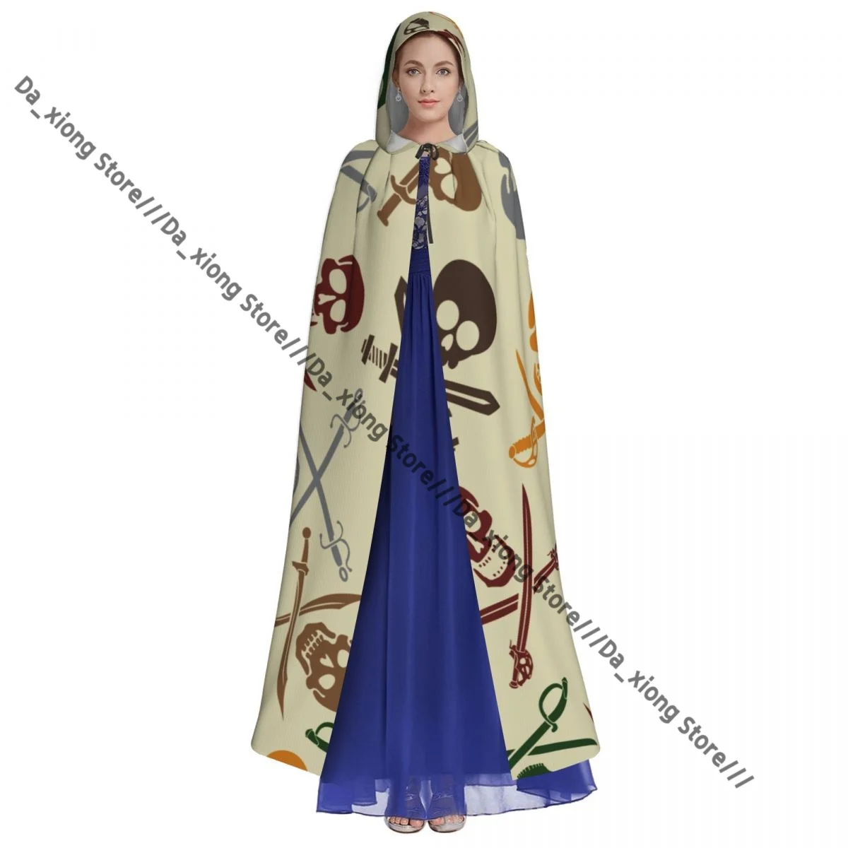 الجماجم القراصنة مع السيوف المتقاطعة نمط الساحرة عباءة زي الهالوين التأثيري الكبار للجنسين عباءة الرجعية العصور الرأس #3