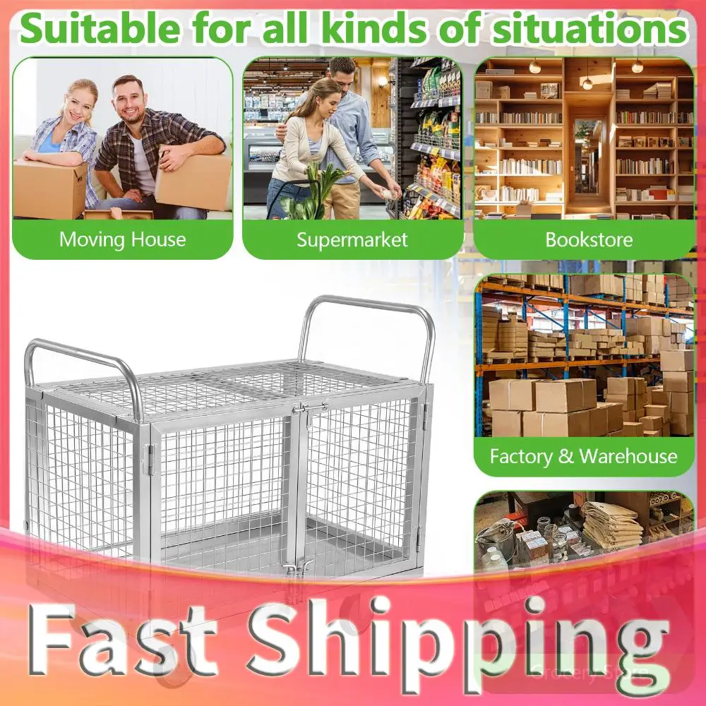 Steel Folding Utility Cart with Cage Industrial Handcart with Swivel Wheel 2000lbs Capacity for Groceries Garage Warehouse