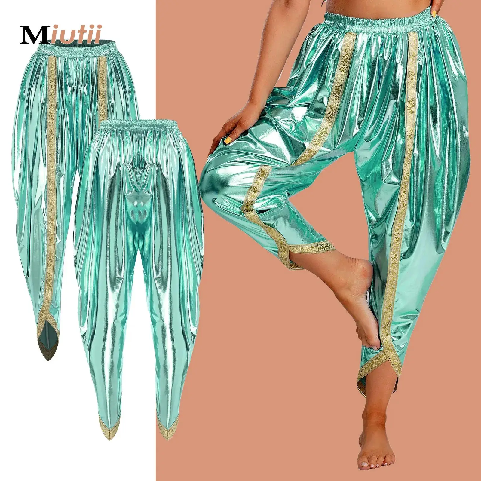 

Women Mens Arabian Prince Costume Satin Dhoti Pants Metallic Arab Princess Baggy Bloomers for Halloween Carnival Party Cosplay