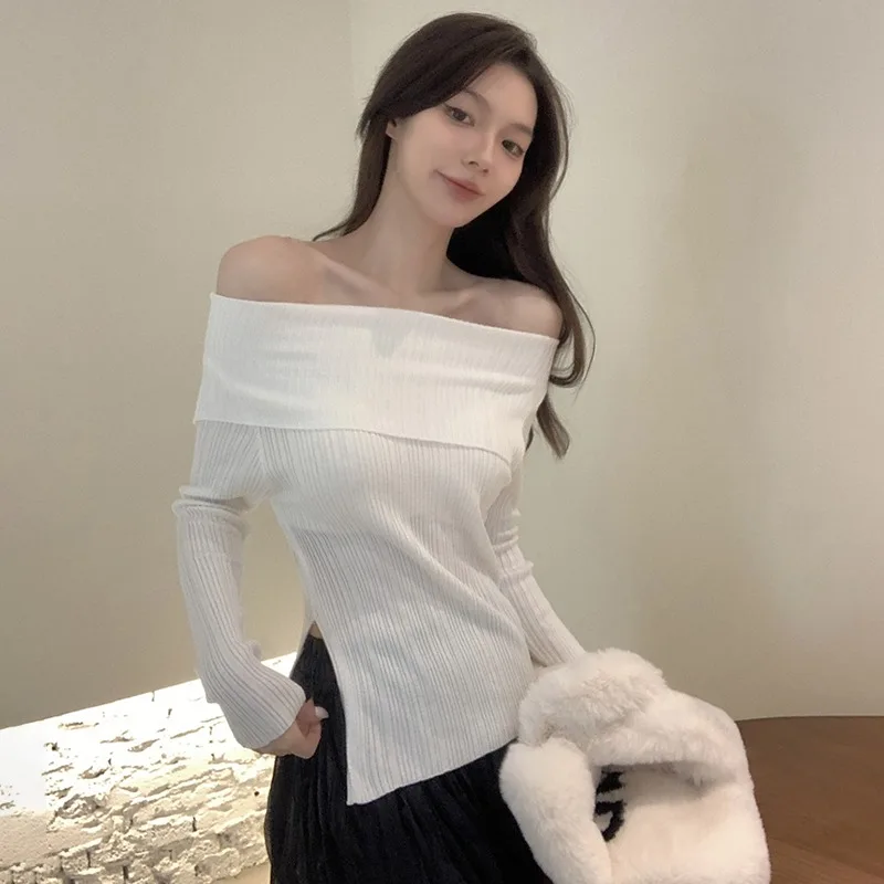 Autumn Spring Women\'s T-shirts Solid Color Split Slim Fashion Casual Knitted Off Shoulder Tops  T-shirts Retro Tops