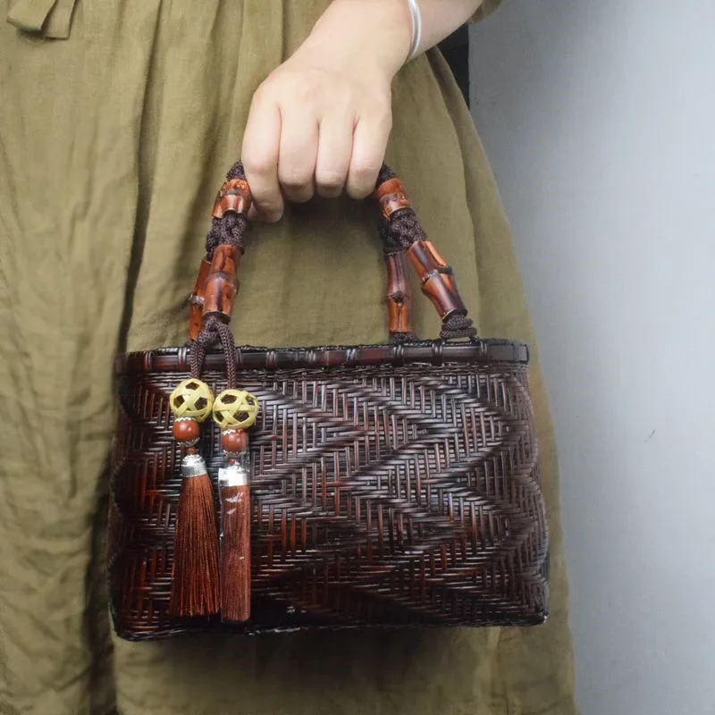 Handmade Bamboo Woven Storage Bags for Dress Hanfu Vintage Handbag with Handle Zen Artistic Tote for Women Natural Daily Purse