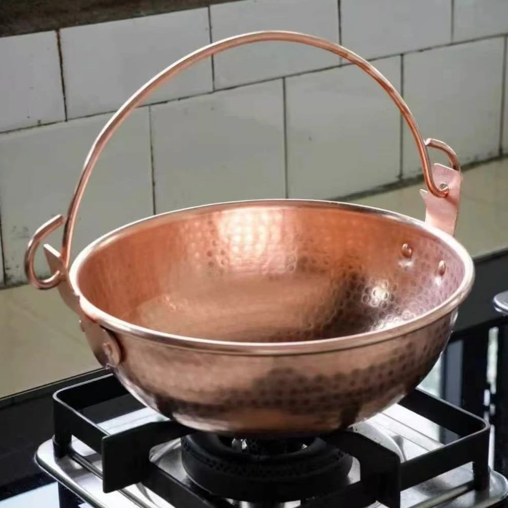 Vintage Copper Hanging Pot,Outdoor Camping Thickened Pot Cooking Utensil Simmering Pasta Stewing,Handcrafted Hammer Texture Pot view 3
