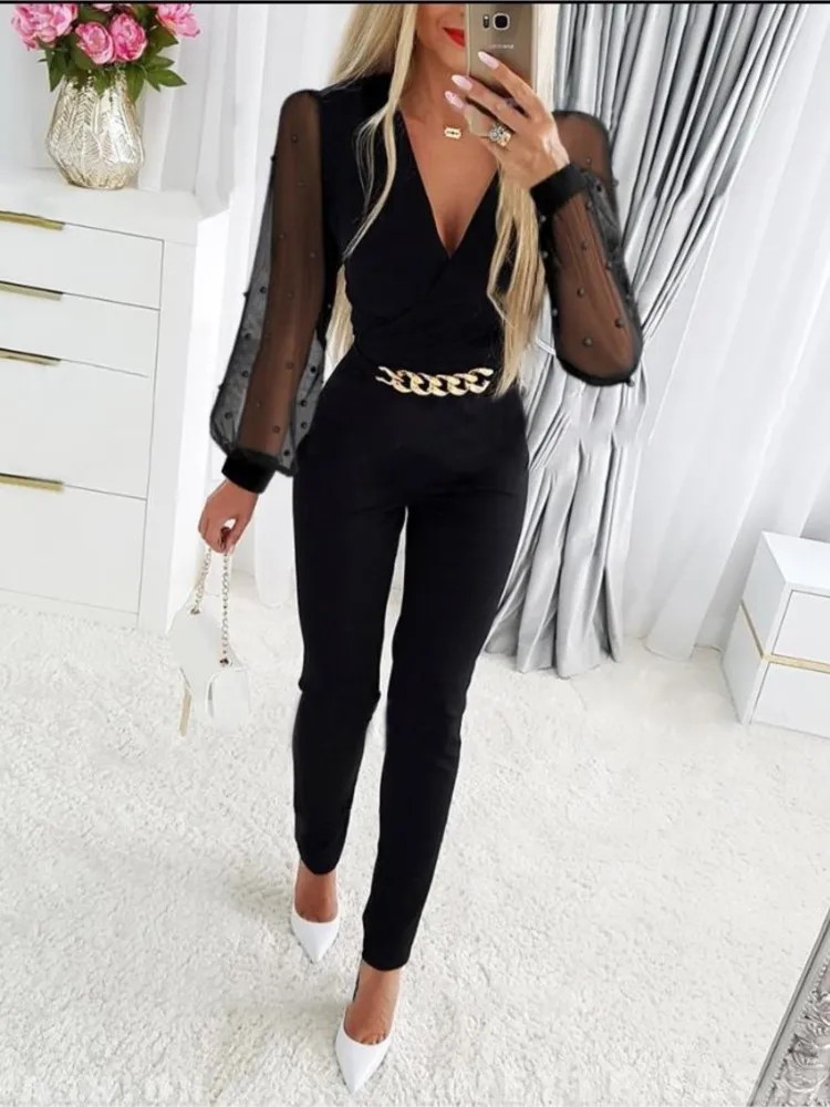 Jumpsuit Women\'s Spring Fashion Floral Sheer Lace Mesh Waist Chain Casual V-neck Long Sleeved Tight Daily Women\'s Long Jumpsuit