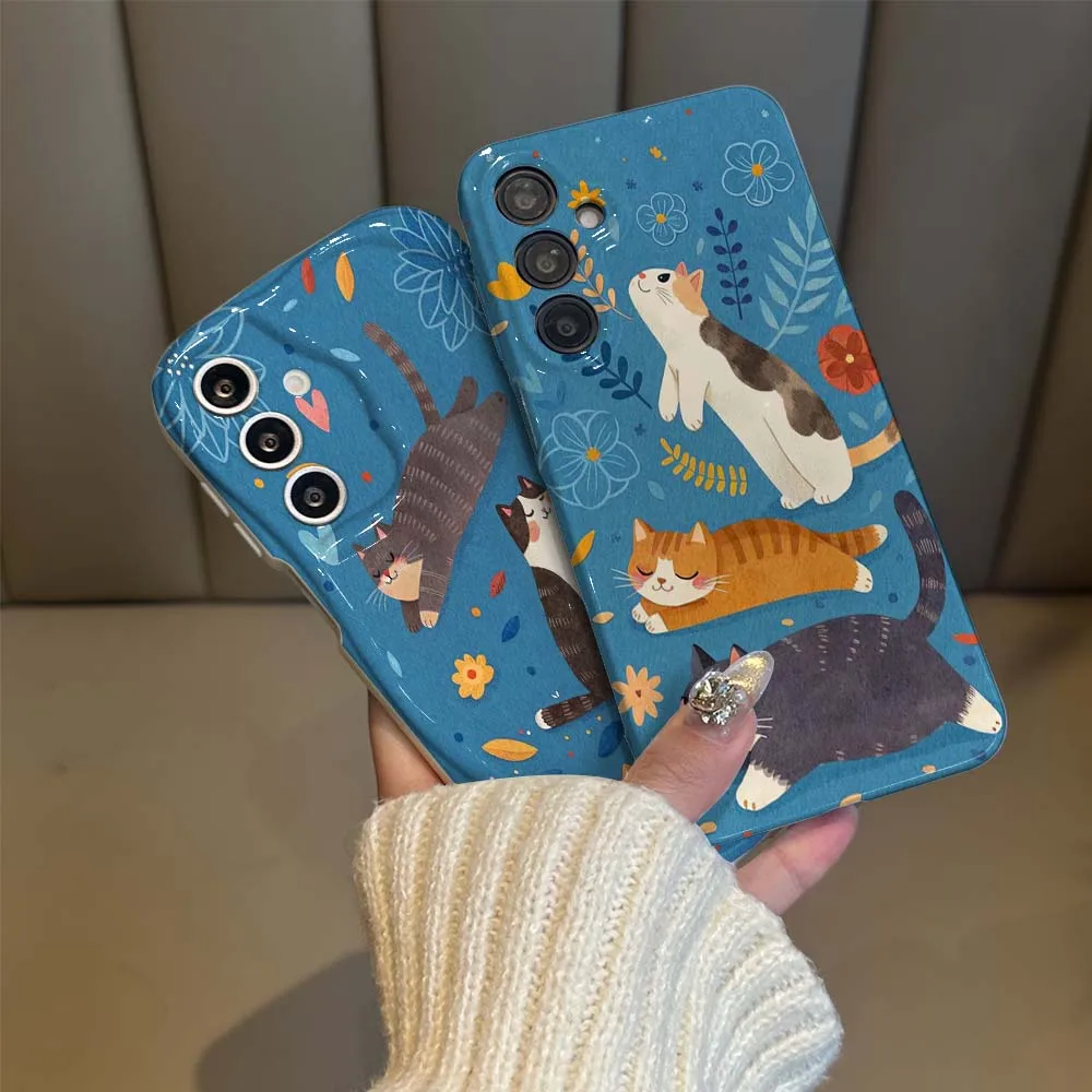 

Cartoon Cat Blue Pattern Phone Case For Samsung Galaxy A21s A23 A24 A25 A31 A 32 33 34 35 36 51 53 54 55 56 73 Wave Oil Film