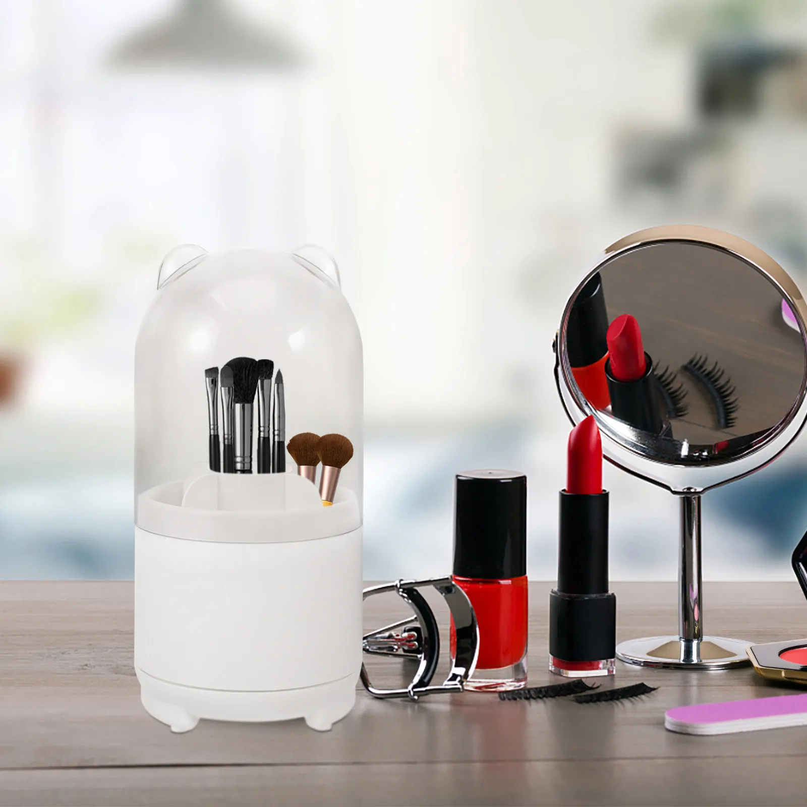 

Вращающийся органайзер для кистей для макияжа, вместительный настольный контейнер для хранения косметики, коробка для хранения кистей для макияжа