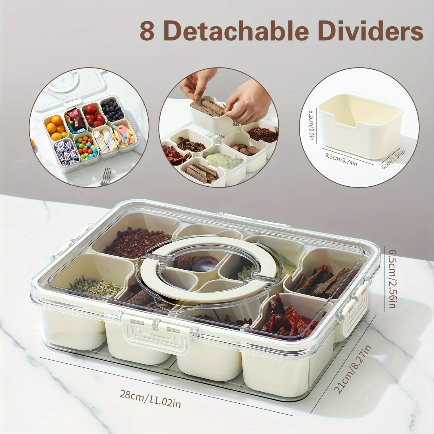 Snackle Box with Lid and Handle - Transparent Partitioned Snack Container for BBQ, Candy, Veggies, Fruits, Nuts, Spices | Portab