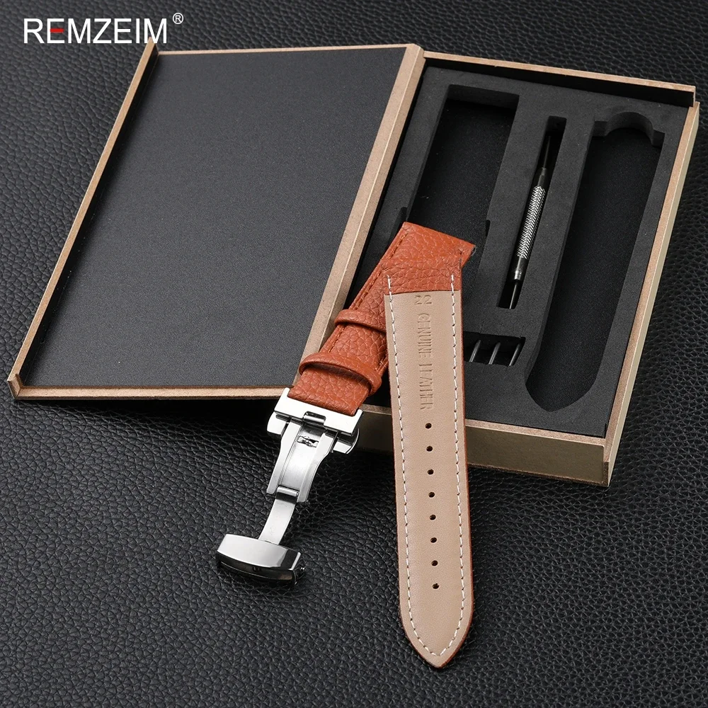 Litchi Pattern Design Leather Wrist Band 18mm 20mm 22mm Men Women Strap with Butterfly Buckle Gift Box Packaging Watchband image 6