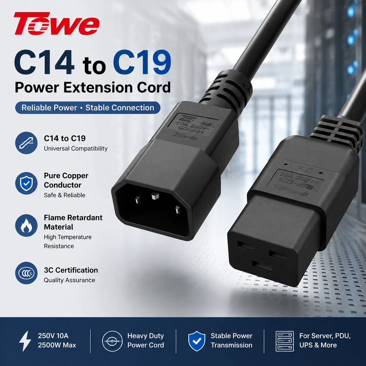 TOWE IEC C14 to C19 Power Extension Cable 16A 250V Heavy Duty Server Rack Cable for PDU UPS Data Center Cabinet Equipment 1.5mm²