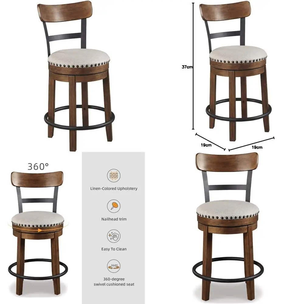 Modern Leather Counter Chairs Set of 2, 25.1-Inch High Bar Stools with Rattan Backrest and Metal Legs