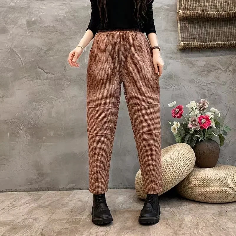 

Vintage Plaid Quilted Women Winter Trousers 2024 New High Waist Casual Loose Harem Pants Outerwear Cotton-Padded Wide Leg Pants