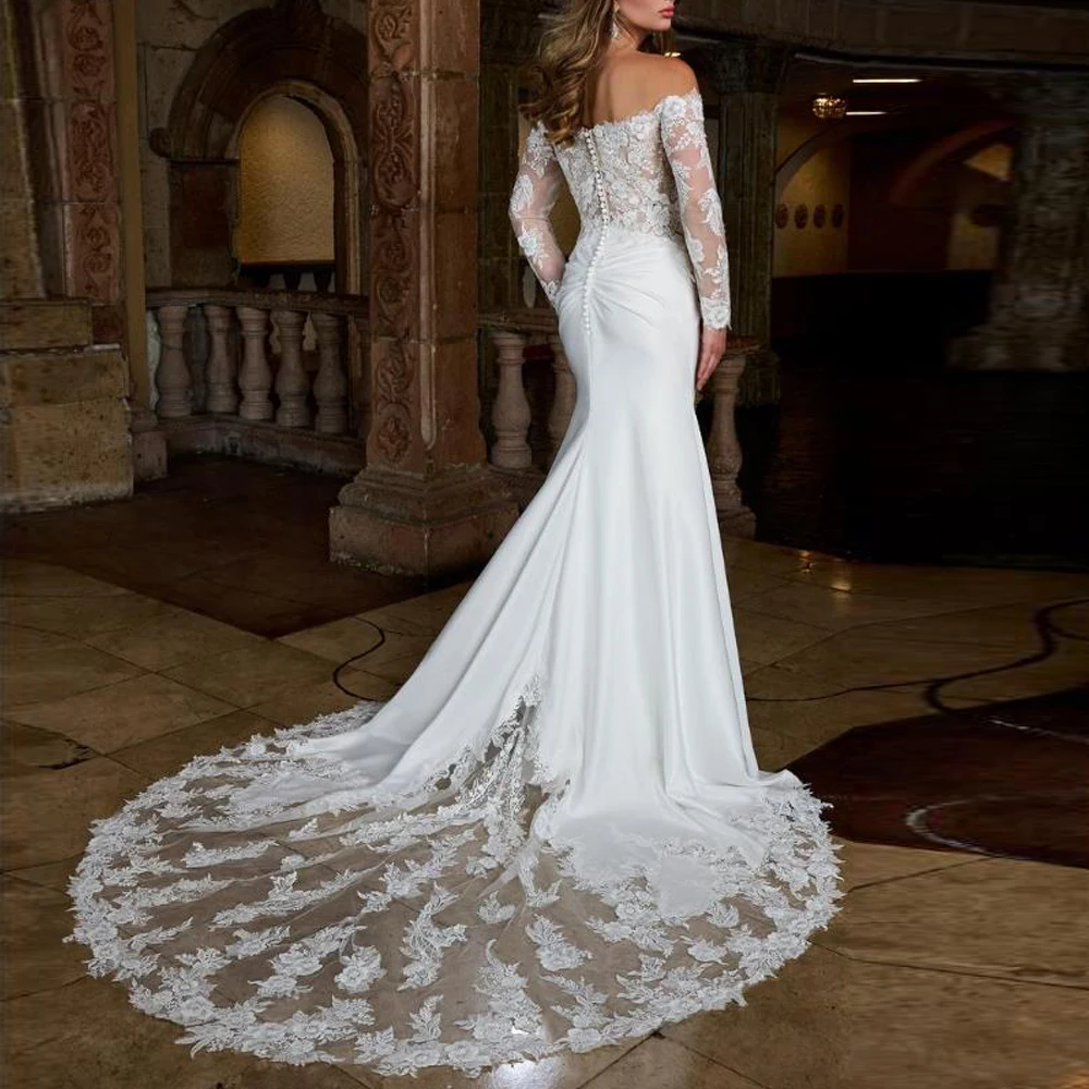 Customized Boat Neck Full Sleeve Wedding Dress Off the Shoulder Lace Appliques Embellished Bridal Dresses Fitted vestidos de