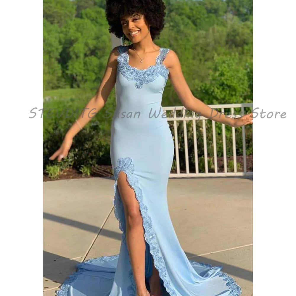 Blue Evening Dresses Women Floor Length High Quality Prom Party Banquet Celebrity Female Sweep Train Vent Sleeveless Gowns