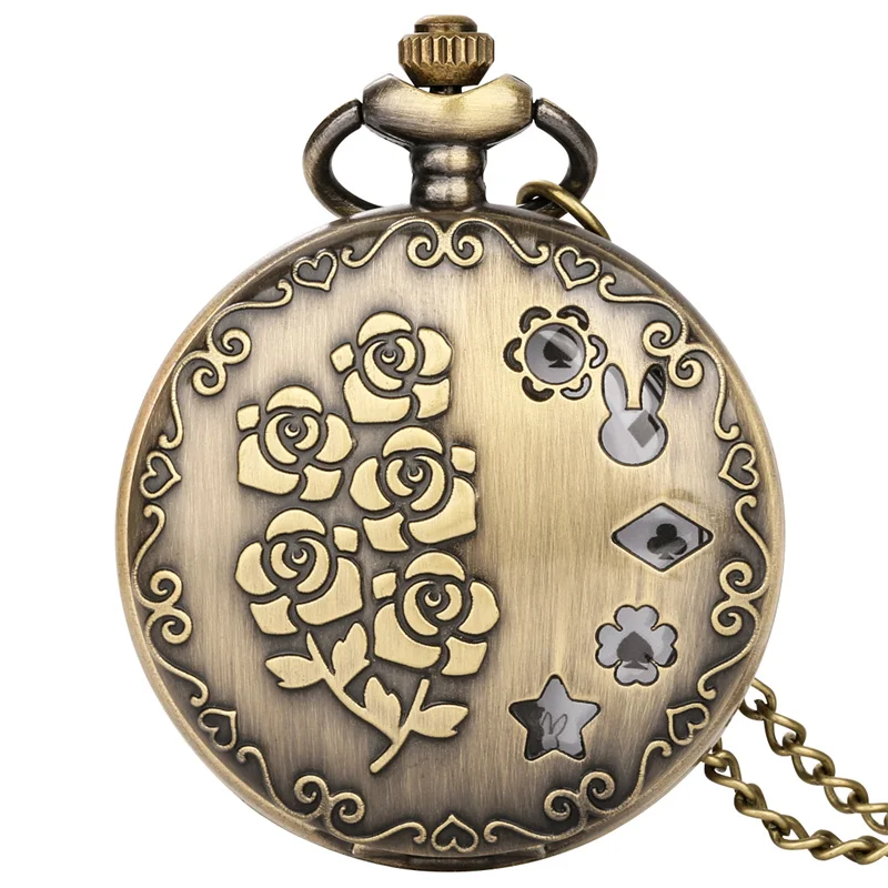 Antique Engraved Rose Flower Design Necklace Sweater Chain Analog Quartz Movement Pocket Watch for Women Timepiece