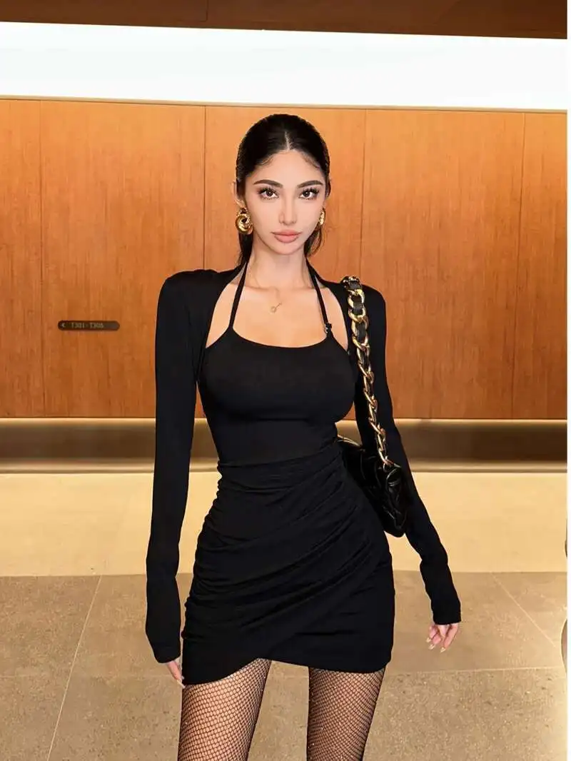 Stücke Gefälschte Zwei Hängenden Hals Langarm Kleid Frauen Herbst/winter Sexy Pure Desire Stil Hohe Taille Wrap Hüfte kurze Kleid 46FK