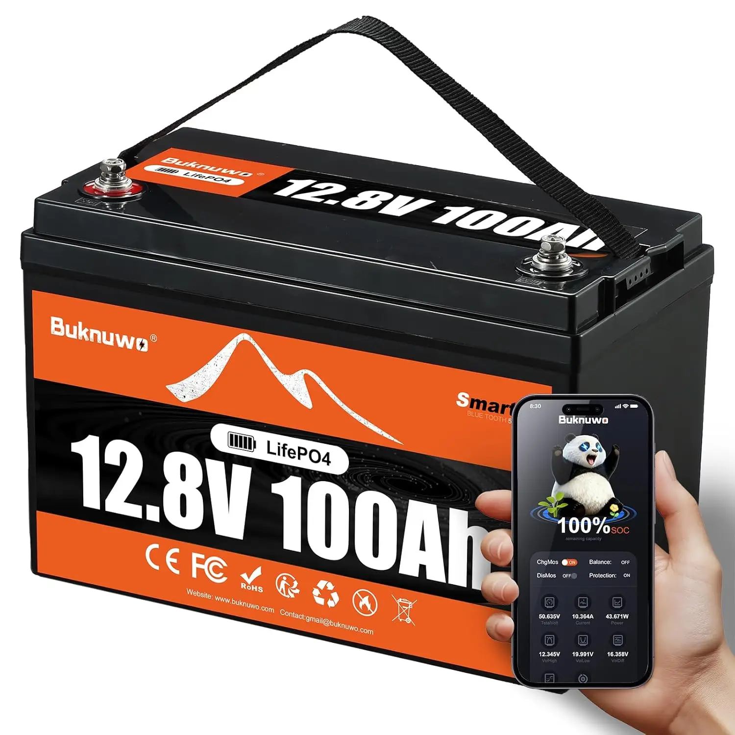 

12.8V 100Ah LiFePO4 Lithium Battery With Bluetooth,1280Wh Energy,15000+ Cycles Rechargeable Lightweight Lithium, Customized